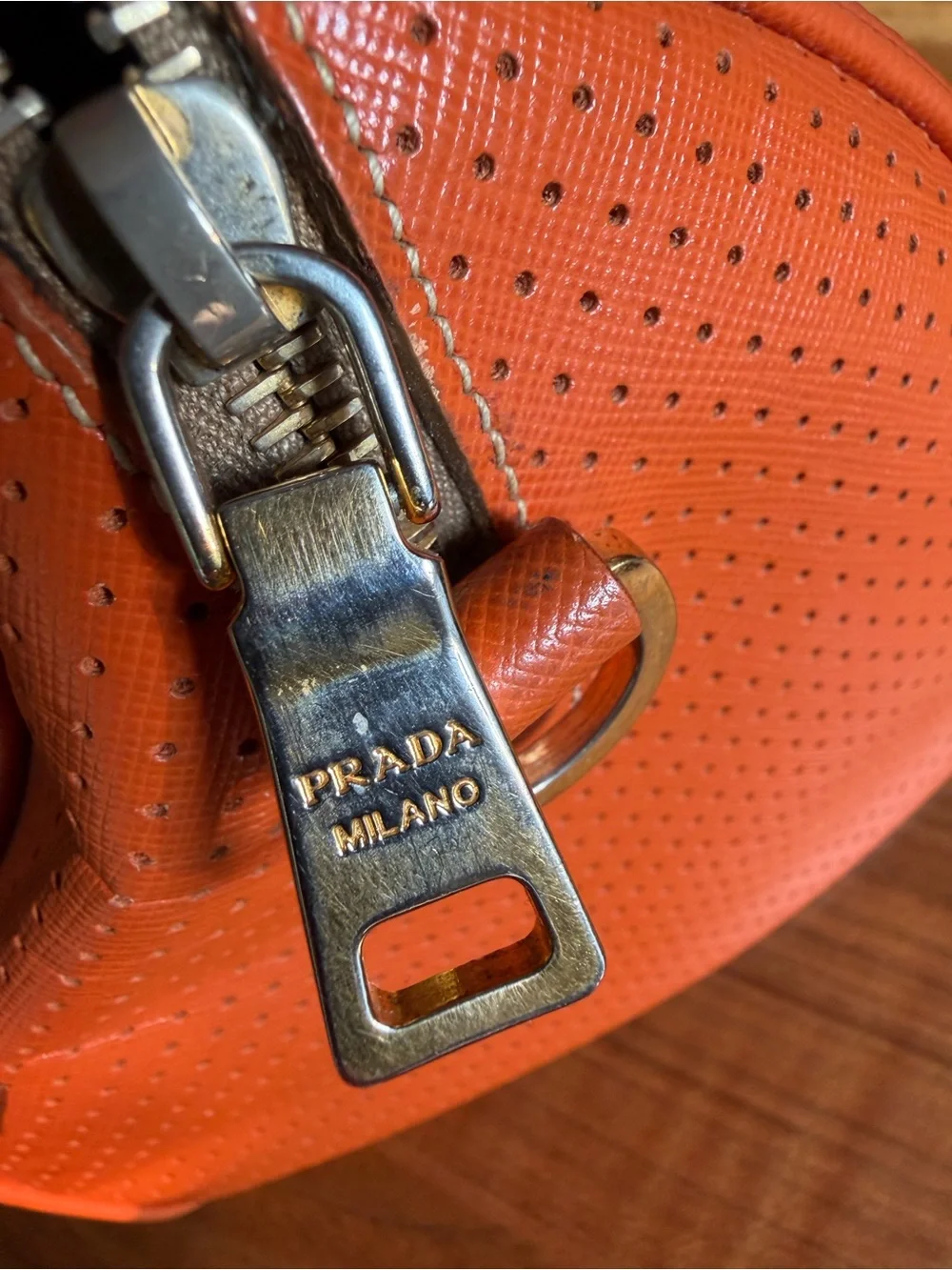 Prada Orange and Pink Perforated Saffiano Leather Boston Bag